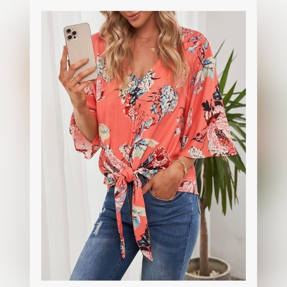 Tie Knot, Button Down Floral Blouse #1036 - Picture 9 of 11